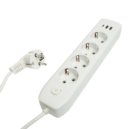 Удлинитель 4-местный c/з 3x1 мм2, 3 м, 250В, 10А, 2USB+1Type-C 2,4А, серия Home, белый STEKKER HM08-43-02 49978