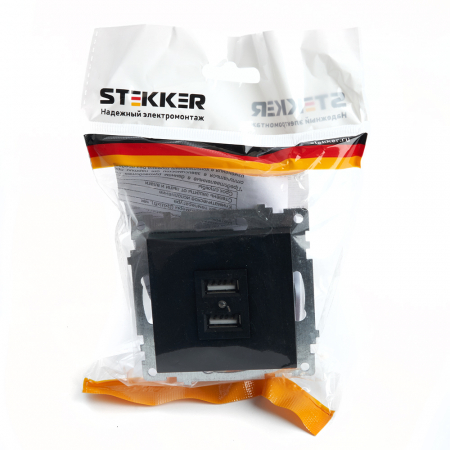 Розетка USB 2-местная (механизм), STEKKER GLS10-7115-05, 250B, 2,1А, серия Катрин, черный 39616