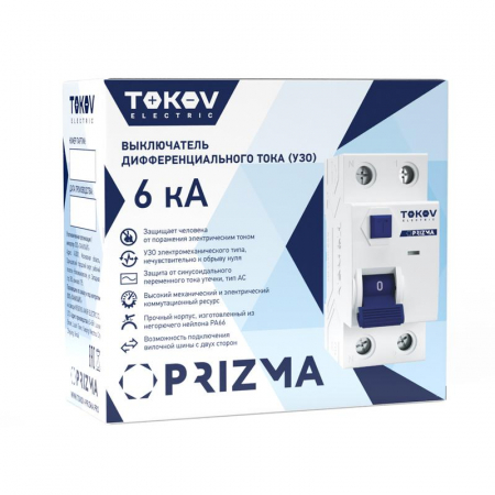 Выключатель дифференциального тока (УЗО) 2П (1P+N) 16А 30мА тип AC 6кА TOKOV Electric TKE-PZ60-RCDM-2-16-30-AC