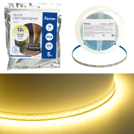 LS617 FERON 240SMD(2835)/м 19Вт/м 12V 5000*10*1.22мм 3000К, IP20 48826