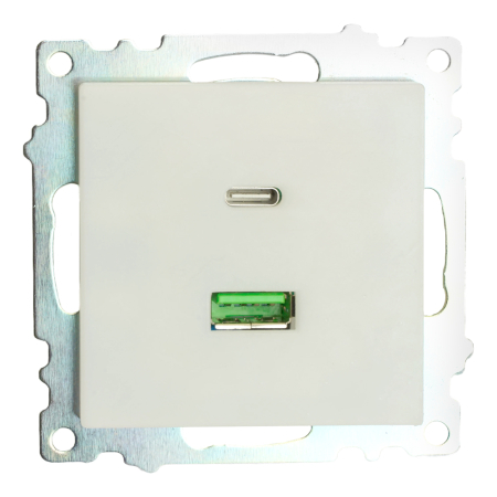 Розетка USB 2-местная + type C (механизм), STEKKER GLS10-7116-01, 250В, 3А, max 20W, серия Катрин, белый 50051