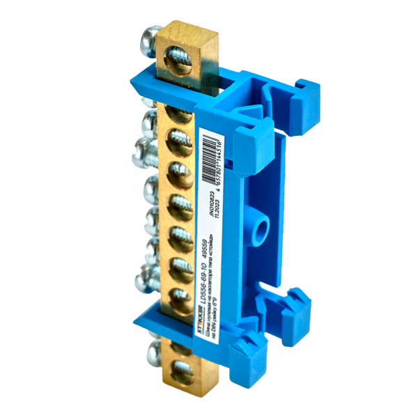 Шина "N" на изоляторе STEKKER 6*9 тип "стойка" на DIN-рейку 10 выводов, синий, LD556-69-10 49559