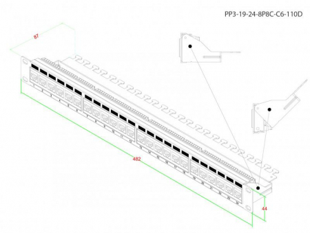 Патч-панель 19дюйм 1U RJ45 кат.6 24 порта Dual IDC ROHS PP3-19-24-8P8C-C6-110D черн. Hyperline 246107