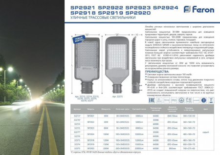 Светодиодный уличный консольный светильник Feron SP2923 80W 6400K AC100-265V, серый 32215