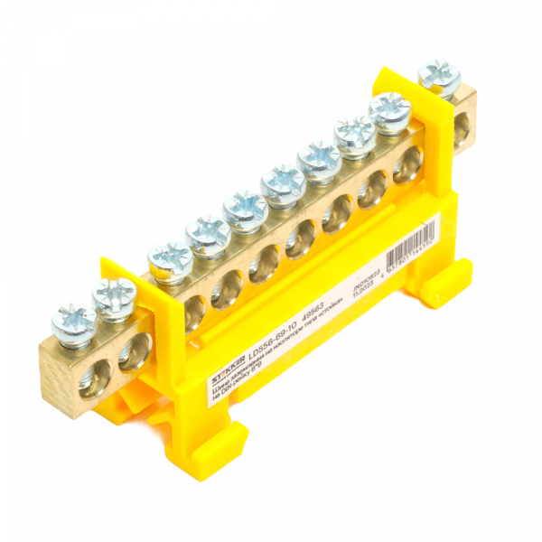 Шина "PE" на изоляторе STEKKER 6*9 тип "стойка" на DIN-рейку 10 выводов, желтый, LD556-69-10 49563