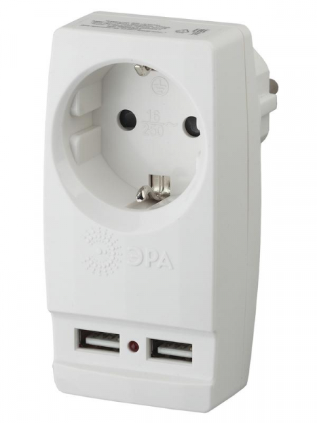 Адаптер 1-м с заземл. Polynom SP-1e-USB-W 220В 2хUSB 2100мА бел. Эра Б0026332