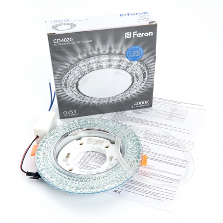 Светильник встраиваемый с белой LED подсветкой Feron CD4020 потолочный GX53 без лампы прозрачный 29473