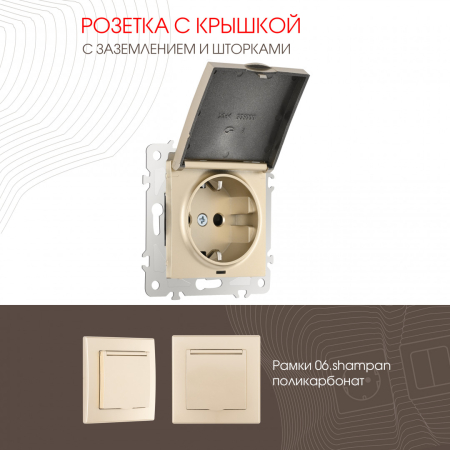 Розетка с заземлением, шторками и защитной крышкой Arte Milano 206.41-1.shampan