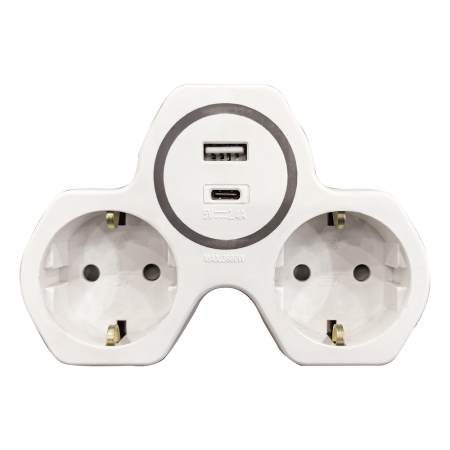 Разветвитель сетевой 2-местный с/з STEKKER ADP16-15-20, 250V, 16A и USB+Type C на 2.4А, белый/серый 50071