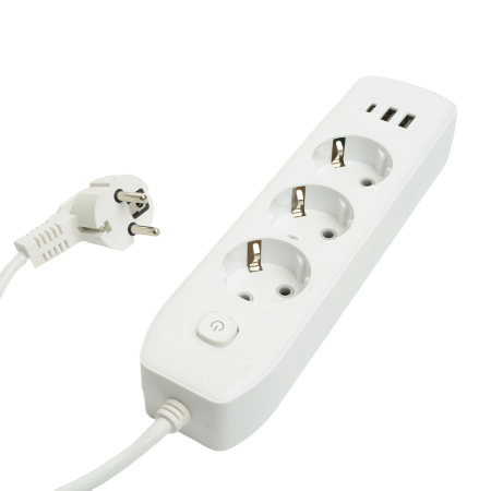 Удлинитель 3-местный c/з 3x1 мм2, 1,8 м, 250В, 10А, 2USB+1Type-C 2,4А, серия Home, белый STEKKER HM08-33-02 49970