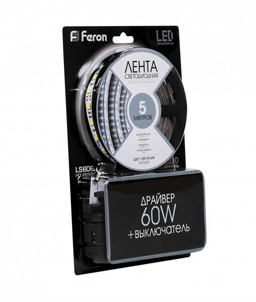 Cветодиодная LED лента Feron LS606, готовый комплект 3м 60SMD(5050)/м 14.4Вт/м IP20 12V 6500К 27720