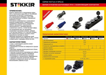 Розетка переносная 4-местная c/з, STEKKER, RST16-24-44, 250В, 16А, IP44, черный 39019