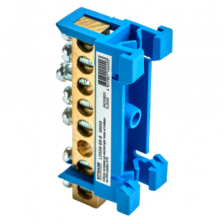 Шина "N" на изоляторе STEKKER 6*9 тип "стойка" на DIN-рейку 8 выводов, синий, LD556-69-8 49558