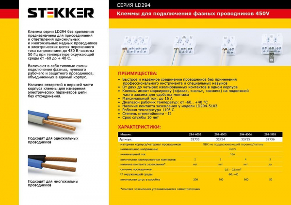 Клемма монтажная с/з STEKKER, LD294-5103, для подключения фазных проводников 3 полюса, 3 контактные группы (3 ввода, 3 вывода на полюс) 32736