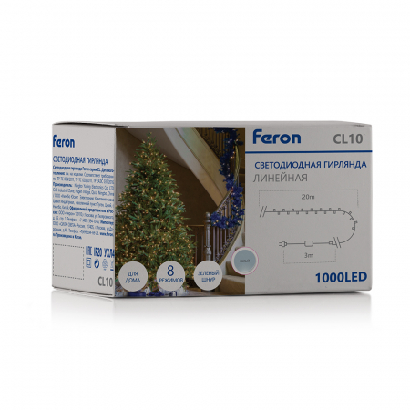 Светодиодная гирлянда Feron CL10 линейная 20м + 3м 230V 5000К, c питанием от сети, зеленый шнур 48180