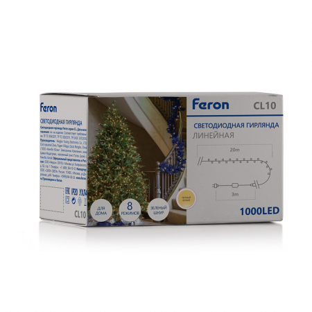 Светодиодная гирлянда Feron CL10 линейная 20м + 3м 230V 2700К, c питанием от сети, зеленый шнур 48181