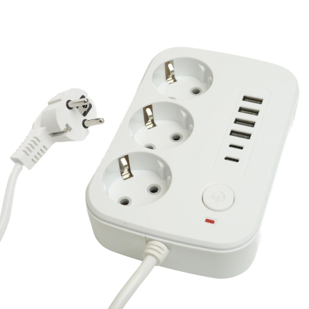 Удлинитель 3-местный c/з 3x1 мм2, 1,8 м, 250В, 10А, 4USB+2Type-C 2,4А, серия Home, белый STEKKER HM09-36-02 49972