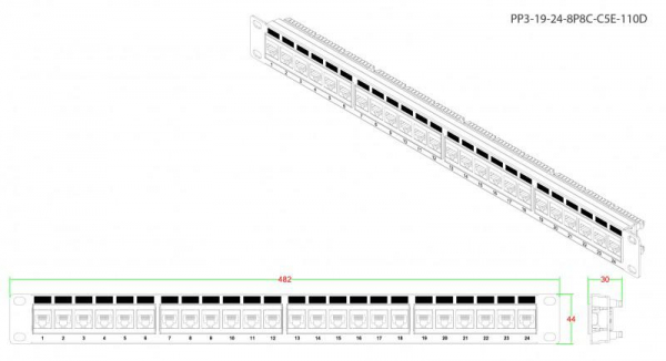 Патч-панель 19дюйм 1U RJ45 кат.5e 24 порта PP3-19-24-8P8C-C5E-110D черн. Hyperline 246095