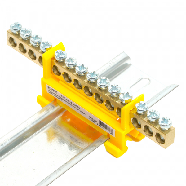 Шина "PE" на изоляторе STEKKER 6*9 тип "стойка" на DIN-рейку 14 выводов, желтый, LD556-69-14 49565