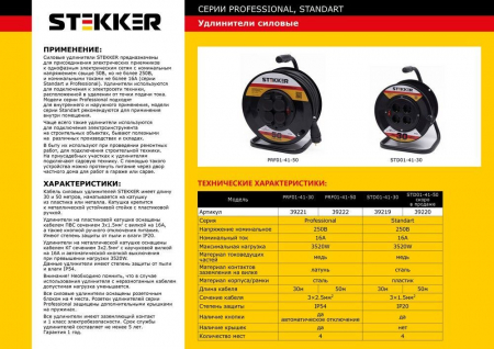 Удлинитель на пластиковой катушке Stekker STD01-41-30, 30м, 4 гнезда с/з 3*1,5, черный, серия Standart (УХз-16) 39219