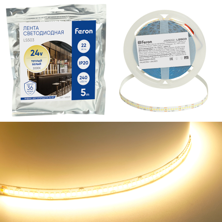 LS503 240SMD(2835)/м 22Вт/м 24V 5000*10*1.22мм 3000К, IP20 FERON 48829